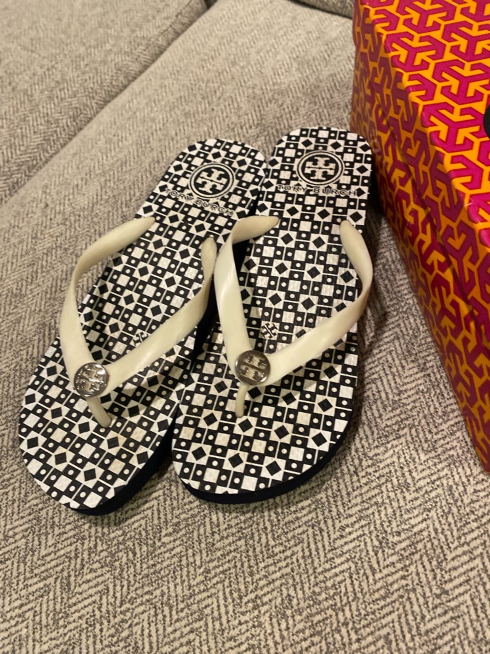 Tory Burch Black & White Logo Flip Flops